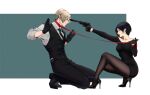  1boy 1girl absurdres ada_wong aiming aiming_at_another artist_name bare_shoulders black_dress black_gloves black_hair black_necktie black_pants black_pantyhose black_shoes black_socks black_vest breasts brown_hair closed_mouth collarbone collared_shirt commentary dress east_asian english_commentary eyeshadow fizzalys from_side full_body gloves gun half_gloves handgun hands_up high_heels highres holding holding_gun holding_weapon kneeling large_breasts leather leather_gloves leon_s._kennedy long_sleeves looking_at_another makeup necktie off-shoulder_dress off_shoulder pants pantyhose profile red_eyeshadow red_lips red_ribbon resident_evil ribbon see-through_clothes see-through_pantyhose shirt shoes short_dress short_hair sig_sauer sig_sauer_p320 slim_legs socks squatting suit_pants suppressor tight_clothes tight_dress toned toned_male vest weapon white_shirt wide_shot wing_collar 