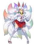  animal_ears bell bell_collar blonde_hair blue_hair bow breasts cleavage collar facial_tattoo fox_ears fox_tail full_body fur_trim glasses gloves green_hair highres kemono_friends kyuubi kyuubi_(kemono_friends) large_breasts long_hair multicolored_hair multiple_tails pleated_skirt purple_hair red_hair sakuragi_rian sandals simple_background skirt standing tail tattoo thighhighs white_background white_hair yellow_eyes 