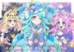  3girls absurdres ahoge akechi_anna antennae back_bow black_bow black_bowtie black_capelet black_dress blonde_hair blowing_kiss blue_bow blue_eyes blue_hat blue_ribbon boater_hat bow bowtie braid brooch butterfly_hat_ornament capelet commentary cure_answer cure_arcana_shadow cure_eclair diamond_hairband double_bun dress earrings fingerless_gloves frilled_capelet frilled_cuffs frilled_dress frills frown gloves gradient_hair green_hair hair_bow hair_bun hair_intakes hair_ornament half-closed_eye hat hat_ornament heart heart_brooch heart_hair_ornament highres howa_kurea jewelry large_bow layered_gloves leaning_forward long_hair looking_at_another looking_at_viewer magical_girl medium_dress meitantei_precure! moria_luluka multicolored_hair multiple_girls navel otama_(otama_ladle23) pact_holder parted_bangs precure purple_bow purple_bowtie purple_capelet purple_dress purple_eyes purple_hair red_eyes ribbon standing strapless translated tube_top umamusume umapyoi_densetsu veil very_long_hair voice_actor_connection white_gloves wing_hair_ornament 