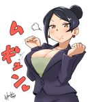  :&gt; bijin_onna_joushi_takizawa-san black_hair blush breasts brown_eyes business_suit cleavage closed_mouth commentary_request earrings forearms_at_chest formal hair_bun highres hori_shin jewelry large_breasts looking_at_viewer mole mole_under_mouth necklace outstretched_wrists simple_background skirt skirt_suit smile solo suit takizawa_kyouko white_background 