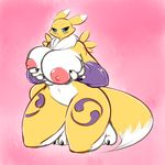  2016 anthro averyshadydolphin big_breasts black_sclera blue_eyes blush breasts canine digimon dipstick_tail female gradient_background hi_res holding_breast looking_at_viewer looking_down mammal markings mostly_nude multicolored_tail nipples renamon simple_background solo thick_thighs two_tone_tail wide_hips 