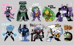  bilingual_commentary blank_eyes blue_eyes blue_hair breasts character_name dc_comics doctor_doom green_eyes green_hair green_hood grey_background grin highres holding holding_sword holding_weapon janice_lincoln joker_(dc) kite_man knull_(marvel) large_breasts livewire looking_at_viewer marvel mister_mind mixed-language_commentary mr._freeze narrow_waist no_pupils purple_suit rariatto_(ganguri) red_eyes shockwave_(transformers) short_hair simple_background smile solid_eyes standing suit sword taskmaster transformers transformers:_generation_1 weapon 