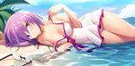  beach blush bow_swimsuit breasts chiiio cleavage closed_mouth day dress_swimsuit eyewear_removed fate/grand_order fate_(series) glasses hair_over_one_eye large_breasts looking_at_viewer lying mash_kyrielight ocean on_side one-piece_swimsuit partially_submerged purple_eyes purple_hair rimless_eyewear short_hair solo swimsuit swimsuit_of_perpetual_summer thigh_gap undressing white_swimsuit 