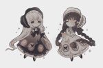  2girls absurdly_long_hair accurate_lolita_coord animal_print black_bonnet black_butterfly black_gloves black_shoes bonnet bow braid brown_dress brown_hair bug butterfly butterfly_hair_ornament butterfly_on_face butterfly_over_eye butterfly_print closed_mouth collared_dress commentary detached_sleeves dot_mouth dress frilled_bonnet frilled_dress frilled_dress_collar frilled_sleeves frills gloves hair_bow hair_ornament highres lace-trimmed_bonnet lace-trimmed_headwear lace_trim layered_dress lolita_fashion long_hair mary_janes multiple_girls naiguozi original own_hands_clasped own_hands_together puffy_sleeves ribbon ribbon-trimmed_headwear ribbon-trimmed_sleeves ribbon_trim see-through_clothes see-through_dress shoes sparkle striped_bow three-quarter_sleeves twin_braids very_long_hair white_background white_bonnet white_bow white_butterfly white_dress white_gloves white_hair 