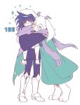  1boy 1other animal_ears armored_boots black_hair boots commentary deltarune digitigrade ear_on_another's_head furry furry_male glasses goat_boy goat_ears goat_horns green-framed_eyewear highres horns hug hug_from_side kris_(dark_world)_(deltarune) kris_(deltarune) ralsei scarf shipduck13 sparkle utdr_(toby_fox) 