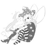  1girl american_flag american_flag_dress american_flag_pants american_flag_print blush clownpiece commentary_request dress fairy_wings fire flag_print full_body greyscale hair_between_eyes hat jester_cap kaigen_1025 long_hair monochrome neck_ruff no_shoes open_mouth pants pantyhose polka_dot print_pants short_sleeves simple_background sitting smile solo star_(symbol) star_print striped_clothes striped_dress striped_pants torch touhou white_background wings 