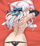  ass back bangs black_panties blue_ribbon blunt_bangs blush braid breasts dateya_torahachi eyebrows_visible_through_hair fate/grand_order fate_(series) gradient_hair hair_ornament hair_ribbon heart heart-shaped_pupils highres long_hair looking_at_viewer looking_back lying medium_breasts multicolored_hair muscle muscular_female no_bra on_stomach panties penthesilea_(fate/grand_order) ribbon solo streaked_hair symbol-shaped_pupils underwear upper_body white_hair yes yes-no_pillow 