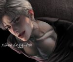  1boy abs aegyo_sal artist_name badegg-mm black_shirt collarbone from_above gradient_background grey_hair highres large_pectorals lips looking_at_viewer love_and_deepspace male_focus nose open_clothes open_mouth open_shirt parted_bangs partially_unbuttoned pectorals red_eyes shirt short_hair simple_background solo sylus_(love_and_deepspace) tongue tongue_out wet wing_collar 