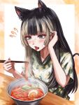  1girl animal_ear_fluff animal_ears black_hair blue_eyes blunt_bangs blush cat_ears cat_girl cat_tail chopsticks collarbone commentary_request counter eyelashes fang flying_sweatdrops food grey_hair hand_in_own_hair highres holding holding_chopsticks hololive hololive_dev_is juufuutei_raden long_hair looking_at_food multicolored_hair noodles ramen short_sleeves sitting skin_fang smile solo spicy streaked_hair sweat tail tongue tongue_out two-tone_hair v-neck virtual_youtuber yata_goyogyo 