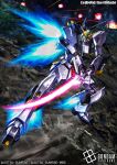  artist_name char's_counterattack commentary_request company_name copyright_logo copyright_name copyright_notice earth_federation energy_sword explosion eye_trail glowing glowing_eyes green_eyes gundam gundam_card_game holding holding_beam_saber holding_sword holding_weapon k2_shokai light_trail logo mecha mecha_focus mobile_suit no_humans nu_gundam official_art robot science_fiction solo space sword thrusters v-fin weapon 