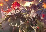  2girls arknights ascot black_dress black_hair black_horns breasts cleavage closed_mouth commentary_request demon_girl demon_horns dress entelechia_(arknights) gloves hair_between_eyes hair_horns hair_intakes highres holding holding_sword holding_weapon horns juliet_sleeves laevatein_(la3vatein) large_breasts long_hair long_sleeves looking_at_viewer md5_mismatch mole mole_under_eye multiple_girls pointy_ears puffy_sleeves purple_eyes red_eyes red_gloves red_hair revision short_hair smile surtr_(arknights) sword thigh_strap weapon white_ascot 