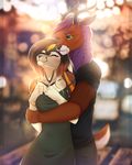  5_fingers antelope anthro black_nose blurred_background cervine clothed clothing dafka deer duo eyes_closed female gazelle green_eyes hair hug male mammal purple_hair smile standing 