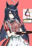  1girl absurdres ahoge animal_ears apron black_hair blush breasts closed_mouth commentary_request dress ear_tag earrings employee_uniform fast_food fast_food_uniform hair_between_eyes highres holding holding_tray horse_ears horse_girl horse_tail jewelry kfc long_bangs long_hair long_hair_between_eyes looking_at_viewer manhattan_cafe_(umamusume) miucv multicolored_hair official_art_inset red_dress single_earring small_breasts smile solo striped_clothes striped_dress tail tray umamusume vertical-striped_clothes vertical-striped_dress white_apron white_hair yellow_eyes 