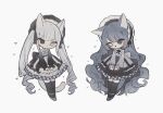  2girls accurate_lolita_coord animal_ears animal_print ankle_strap back_bow black_bonnet black_bow black_bowtie black_dress black_eyes bonnet bow bowtie cat_ears cat_girl cat_print cat_tail closed_mouth collared_dress commentary_request curly_hair dot_mouth dress drill_hair frilled_bonnet frilled_dress frilled_dress_collar frilled_sleeves frills gingham_clothes gingham_dress grey_bow grey_bowtie grey_dress grey_hair grey_shoes greyscale heart heterochromia highres kneehighs lace lace-trimmed_bonnet lace-trimmed_dress lace-trimmed_headwear lace_trim layered_dress lolita_fashion long_hair long_sleeves low_drills monochrome multiple_girls naiguozi no_pupils one_ear_down open_mouth original puffy_long_sleeves puffy_sleeves shoes smile socks tail twin_drills twintails very_long_hair white_bonnet white_eyes white_hair 