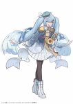  1girl absurdres ahoge band_uniform beamed_sixteenth_notes blue_bow blue_eyes blue_hair blue_hat blue_jacket blue_ribbon boots bow brown_pantyhose commentary copyright_notice eighth_note epaulettes figure_available french_horn full_body gloves hair_ornament hat hat_feather hatsune_miku high_heel_boots high_heels highres holding holding_instrument instrument instrument_hair_ornament jacket long_hair looking_at_viewer merchandise_available mini_hat mini_shako_cap musical_note musical_note_print musical_staff musical_staff_print official_art open_mouth pantyhose pleated_skirt red_bow ribbon second-party_source shako_cap simple_background skirt smile snowflake_print solo standing striped_ribbon tachi-e taito teshima_nari twintails very_long_hair vocaloid white_background white_boots white_gloves white_ribbon white_skirt x_hair_ornament yuki_miku yuki_miku_(2020) yuki_miku_x_amp+_grand_project 
