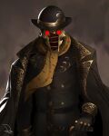  1other belt black_belt black_cape black_coat black_gloves black_hat buttons cane cape coat fedora gloves glowing glowing_eyes gold_trim hat highres jojo_no_kimyou_na_bouken jojolion long_sleeves looking_at_viewer other_focus red_eyes rjp scarf signature skull solo stand_(jojo) wonder_of_u yellow_scarf 
