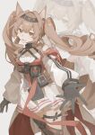  1girl angelina_(arknights) angelina_the_mellow_wish_(arknights) animal_ear_fluff animal_ears arknights black_collar black_gloves black_hairband black_thighhighs brown_eyes brown_hair chinese_commentary collar commentary_request cowboy_shot detached_sleeves dress earpiece fox_ears fox_girl gloves hair_between_eyes hairband hei_baijiu highres infection_monitor_(arknights) long_hair long_sleeves looking_at_viewer material_growth multicolored_hairband offering_hand oripathy_lesion_(arknights) pleated_dress smile solo thighhighs twintails two-tone_hairband very_long_hair white_dress zoom_layer 