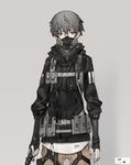  bangs cowboy_shot dagger gas_mask grey_background grey_eyes grey_hair hair_between_eyes holding holding_weapon jacket load_bearing_equipment looking_at_viewer mask neco original pants short_hair simple_background solo standing weapon 