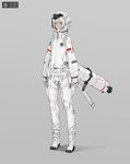  astronaut astronaut_helmet bangs boots brown_eyes closed_mouth commentary full_body gloves grey_background jetpack looking_at_viewer neco original sidelocks simple_background solo spacesuit standing white_gloves white_hair 