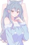  1girl animal_ear_fluff animal_ears bang_dream! bang_dream!_it's_mygo!!!!! blue_dress blue_hair blue_ribbon blush breasts cat_ears commentary dress e20 hair_ribbon highres looking_at_viewer off_shoulder open_mouth ribbon sidelocks solo togawa_sakiko yellow_eyes 