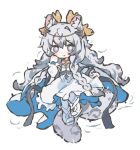  1girl animal_ears arknights blush boots braid braided_sidelocks chibi chise_(cym23730) commentary_request dress full_body grey_hair hair_ornament jewelry korean_commentary long_hair looking_at_viewer necklace official_alternate_costume pramanix_(arknights) pramanix_the_prerita_(arknights) second-party_source sidelocks simple_background smile snow_leopard_ears snow_leopard_girl snow_leopard_tail solo tail very_long_hair white_background white_boots white_dress 