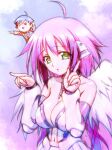  1boy 1girl :o ahoge angel_wings bare_shoulders breasts broken broken_chain chain chain_leash chibi chibi_inset cleavage collar collarbone commentary_request detached_sleeves feathered_wings gradient_background green_eyes hair_ribbon highres ikaros large_breasts leash long_hair looking_at_viewer metal_collar navel official_artist_extra pink_hair purple_background red_ribbon ribbon robot_ears sakurai_tomoki solo_focus sora_no_otoshimono twintails upper_body watanabe_yoshihiro white_wings wings 