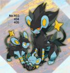  colored_sclera commentary_request evolutionary_line full_body kantarou_(8kan) luxio luxray no_humans open_mouth pawpads pokedex_number pokemon pokemon_(creature) pokemon_focus red_sclera shinx yellow_eyes 