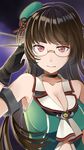  black_gloves breasts brown_hair choker choukai_(kantai_collection) cleavage closed_mouth commentary_request glasses gloves hair_ornament hat kantai_collection large_breasts long_hair looking_at_viewer red_eyes remodel_(kantai_collection) rimless_eyewear solo yunamaro 