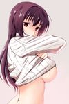  breasts clothes_lift covered_nipples fate/grand_order fate_(series) highres long_hair long_sleeves looking_at_viewer medium_breasts nishi_koutarou purple_hair red_eyes ribbed_sweater scathach_(fate)_(all) scathach_(fate/grand_order) shiny shiny_hair solo sweater sweater_lift turtleneck turtleneck_sweater underboob undressing 