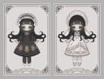  1girl accurate_lolita_coord animal_ears animal_print ankle_socks asymmetrical_clothes black_dress black_hair bonnet border bow bowtie brown_bow brown_bowtie brown_eyes coffin collared_dress commentary cross-laced_clothes cross-laced_dress cross-laced_headwear dress dual_persona expressionless fake_animal_ears floating_hair floppy_ears frilled_bonnet frilled_dress frilled_hairband frilled_sleeves frilled_socks frills gothic_lolita hairband lace lace-trimmed_dress lace_trim layered_dress layered_sleeves lolita_fashion lolita_hairband long_hair long_sleeves lowered_eyelids naiguozi original ornate_border pantyhose puffy_long_sleeves puffy_sleeves rabbit-shaped_pupils rabbit_ear_headwear rabbit_print shoes socks striped_clothes striped_pantyhose symbol-shaped_pupils three-quarter_sleeves vertical-striped_clothes vertical-striped_pantyhose very_long_hair waist_bow white_bonnet white_bow white_dress white_hairband white_shoes 