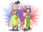  :d animal_ears black_footwear black_hair blonde_hair blush boots brown_eyes clenched_hand closed_mouth commentary_request common_raccoon_(kemono_friends) cosplay detached_sleeves dragon_quest dragon_quest_iii dress eyebrows_visible_through_hair fang fennec_(kemono_friends) fighter_(dq3) fighter_(dq3)_(cosplay) fingerless_gloves fox_tail full_body gloves green_dress grey_hair hat holding holding_wand kemono_friends looking_at_viewer mage_(dq3) mage_(dq3)_(cosplay) multicolored_hair multiple_girls open_mouth orange_cape orange_gloves orange_legwear pants pelvic_curtain pxton raccoon_ears raccoon_tail sash sketch smile socks standing tail wand white_background white_hair witch witch_hat yellow_pants 