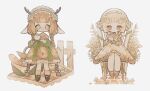  2girls animal_ears ankle_socks ankle_strap antlers apple baguette blonde_hair bow braid bread brick_floor brown_shoes cake cake_slice chair closed_mouth collared_shirt commentary crown_braid cup deer_antlers deer_ears deer_girl dress fence floral_print flower food freckles frilled_dress frilled_hairband frilled_sleeves frills frown fruit grapes green_dress green_hairband hair_bow hair_flower hair_ornament hairband highres holding holding_teapot holding_tray horns lace lace-trimmed_dress lace-trimmed_hairband lace_trim lolita_hairband long_hair long_sidelocks long_sleeves multiple_girls multiple_hair_bows naiguozi on_chair orange_eyes orange_hair orange_shirt original pantyhose petals picnic_basket picnic_blanket plant puffy_long_sleeves puffy_sleeves rose saucer shirt shirt_under_dress shoes sidelocks sitting smile socks teacup teapot tray twin_braids untranslatable_commentary very_long_hair vines waist_bow wavy_sidelocks white_background white_bow white_dress white_flower white_hairband white_pantyhose wooden_fence yellow_eyes 