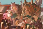  2girls ahoge angelina_(arknights) angelina_the_mellow_wish_(arknights) animal_ear_fluff animal_ears arknights black_collar black_hairband black_skirt blurry blurry_foreground brown_hair car carrot chinese_commentary collar commentary_request cooking_pot fingerless_gloves fox_ears fox_girl fur-trimmed_skirt fur_trim gloves hair_between_eyes hairband highres infection_monitor_(arknights) ji_ye-alexiel long_hair looking_at_another material_growth motor_vehicle multiple_girls orange_gloves oripathy_lesion_(arknights) outdoors pink_eyes pink_hair rabbit_ears rabbit_girl skirt sky smile thumpy_(arknights) twintails 