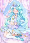  1girl :d ;d blue_bow blue_bowtie blue_capelet blue_hair blue_hat blue_nails blue_ribbon blue_shoes blue_skirt blue_thighhighs blue_tube_top boater_hat bow bowtie bridal_gauntlets brooch butterfly_hat_ornament capelet commentary_request cure_eclair curled_ends flat_chest full_body gradient_hair green_hair hat hat_ornament hat_ribbon heart heart_brooch highres hitoha_koduku howa_kurea jewelry long_hair magical_girl meitantei_precure! midriff multicolored_hair nail_polish navel one_eye_closed open_mouth precure purple_bridal_gauntlets red_eyes ribbon shoes single_thighhigh sitting skirt smile solo split_ponytail strapless thighhighs tube_top two-tone_hair very_long_hair w 