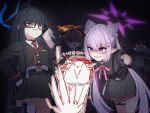  1boy 3girls armband arms_behind_back ascot black_gloves black_jacket black_sleeves blue_archive blue_halo commentary_request cone_hair_bun demon_horns detached_sleeves doodle_sensei_(blue_archive) fishnet_thighhighs fishnets glasses gloves hair_bun half_gloves halo hand_on_own_hip highres hime_cut holding holding_notebook holster horns jacket karen_(blue_archive) leaning_forward long_hair mayumi_(blue_archive) multicolored_horns multiple_girls necktie notebook partially_shaded_face pink_ascot pink_ribbon pointy_ears purple_halo red_necktie ribbon sensei_(blue_archive) shouko_(blue_archive) smile thighhighs two-tone_horns yukine_sama 