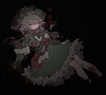 :/ black_background blood blood_splatter bloody_clothes closed_eyes closed_mouth dress from_side full_body gloves green_dress green_gloves green_hat grey_hair hat highres iralion made_in_abyss prushka solo 