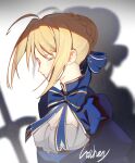  1girl absurdres ahoge archeey artist_name artoria_pendragon_(fate) blonde_hair blue_bow blue_bowtie blue_dress blush bow bowtie braid braided_bun breasts cleavage cleavage_cutout closed_eyes closed_mouth clothing_cutout commentary dress english_commentary excalibur_(fate/stay_night) fate/stay_night fate/unlimited_blade_works fate_(series) floating_hair gold_trim hair_between_eyes hair_bow hair_bun highres honkai:_star_rail honkai_(series) juliet_sleeves lips long_sleeves medium_breasts puffy_sleeves saber_(fate) saber_(honkai:_star_rail)_(fate) shadow short_hair sidelocks simple_background solo striped_bow striped_bowtie striped_clothes sword upper_body weapon white_background 