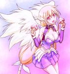  1girl angel_wings astraea_(sora_no_otoshimono) bare_shoulders blonde_hair breasts broken broken_chain chain chain_leash cleavage cleavage_cutout clothing_cutout collar collarbone commentary_request detached_sleeves dress feathered_wings gradient_background hair_ribbon highres holding holding_mushroom leash long_hair looking_at_viewer low-tied_long_hair medium_breasts metal_collar mushroom official_artist_extra open_mouth pink_eyes pleated_skirt purple_background purple_dress purple_skirt purple_sleeves ribbon robot_ears skirt sleeveless sleeveless_dress solo sora_no_otoshimono very_long_hair watanabe_yoshihiro white_ribbon white_wings wings 