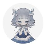  1girl blue_dress clam_shell_ornament commentary_request coral_hair_ornament dress fins frilled_dress frills gem grey_eyes grey_hair hair_ornament head_fins lace lace_trim naiguozi off-shoulder_dress off_shoulder original own_hands_clasped own_hands_together pearl profile_picture see-through_clothes see-through_dress see-through_sleeves short_eyebrows starfish_hair_ornament thick_eyebrows wavy_ends white_background 