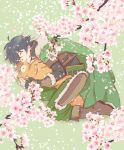  1boy animal_hug armor belt belted_jacket black_belt black_gloves black_hair black_shirt boots brown_armor brown_gloves brown_jacket cherry_blossoms cloak closed_mouth collared_shirt commentary_request elbow_gloves falling_petals fingerless_gloves from_side full_body fur-trimmed_armor fur-trimmed_gloves fur-trimmed_jacket fur_trim gloves grass green_cloak green_pants hair_between_eyes high_collar highres hood hood_down hooded_cloak iwatani_naofumi jacket knee_boots leather_armor long_sleeves male_focus messy_hair multicolored_gloves on_ground pants petals pink_petals raph-chan shirt short_hair short_sleeves sleeping solo suzumaruya tanuki tassets tate_no_yuusha_no_nariagari two-tone_gloves yellow_trim 