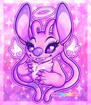  &lt;3 &lt;3_eyes 2017 4_fingers abstract_background alien angel_(lilo_and_stitch) antennae bust_portrait cheek_tuft chest_markings chest_tuft claws cute disney dolcisprinkles ears_up experiment_(species) eyelashes fangs feathered_wings feathers halo lilo_and_stitch looking_at_viewer markings outline pink_border pink_claws pink_theme portrait purple_eyes purple_nose purple_tongue signature solo sparkle star star_eyes tuft watermark wings year 