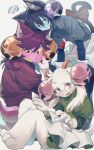  1boy 1girl 1other animal_ears bell black_eyes black_hair blue_skin bow cat_ears cat_tail colored_sclera colored_skin colored_teeth commentary cosplay deltarune dress english_commentary fang furry furry_female furry_male glasses gloves goat_horns green-framed_eyewear green_dress grey_dress hair_bell hair_ornament heart heart_necklace highres horns jewelry kris_(dark_world)_(deltarune) kris_(deltarune) mad_mew_mew mad_mew_mew_(cosplay) necklace pink_eyes purple_dress purple_hair ralsei red_eyes round_eyewear shipduck13 squiggle susie_(dark_world)_(deltarune) susie_(deltarune) tail tail_bow tail_ornament utdr_(toby_fox) white_gloves yellow_sclera yellow_teeth 