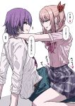  2boys absurdres akiyama_mizuki arms_around_neck aroused bulge bulge_press bulges_touching chin_gero commentary_request crossdressing crossdressing_(mtf) dry_humping erection erection_under_clothes genderswap genderswap_(otm) genderswap_on_non-genderswap highres humping kamishiro_rui kamiyama_high_school_uniform_(project_sekai) male_focus multiple_boys open_mouth precum precum_through_clothes project_sekai purple_hair school_uniform shirt straddling trap white_shirt yaoi 
