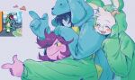  1boy 1girl 1other absurdres animal_ear_hood animal_ears black_hair blue_skin colored_sclera colored_skin commentary deltarune dog_ears fake_animal_ears finger_gun furry furry_female furry_male glasses goat_boy goat_horns green-framed_eyewear heart highres hood hood_up horns kris_(dark_world)_(deltarune) kris_(deltarune) kris_(susiezilla)_(deltarune) onesie purple_hair rabbit_ears ralsei ralsei_(susiezilla) reptile_girl screenshot_inset shipduck13 susie_(dark_world)_(deltarune) susie_(deltarune) susiezilla utdr_(toby_fox) white_fur yellow_sclera 