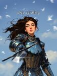  1girl aiming aiming_at_viewer armor bead_necklace beads bird black_hair blue_sky breastplate caption closed_mouth commentary day english_commentary english_text floating_hair full_armor highres holding holding_sword holding_weapon jewelry lips looking_at_viewer necklace original sam_yang sky solo sword weapon white_bird 