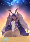  animal_ears barefoot blush breasts covered_navel dark_skin fate/grand_order fate_(series) highres hori_shin jackal_ears jewelry long_hair looking_at_viewer necklace nitocris_(fate/grand_order) nitocris_(swimsuit_assassin)_(fate) one-piece_swimsuit purple_eyes purple_hair seiza sitting sky small_breasts solo star_(sky) starry_sky swimsuit 