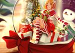  bell blonde_hair bottle bow christmas_ornaments christmas_tree elbow_gloves flower gift gloves green_eyes hair_flower hair_ornament kirimatsu kneehighs light sakura_trick shawl sitting snowman solo sonoda_yuu striped striped_gloves striped_legwear twintails 