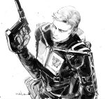  1boy arm_up chest_strap closed_mouth commentary_request erwin_smith gun holding holding_gun holding_weapon long_sleeves looking_at_viewer male_focus parted_hair r_r_hyuna shingeki_no_kyojin shirt short_hair signature simple_background sketch smile solo three-dimensional_maneuver_gear upper_body upturned_eyes very_short_hair weapon white_background 