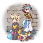  animal_ears bag belt black_hair blonde_hair blush bodysuit boots brick_wall brown_eyes brown_footwear cat_ears character_request collarbone commentary_request cosplay crossed_arms dragon_quest dragon_quest_iii eyebrows_visible_through_hair full_body gloves green_eyes hair_between_eyes hood hoodie jewelry kemono_friends kneeling looking_up multiple_girls necklace pants pink_footwear pink_gloves pxton sack sand_cat_(kemono_friends) snake_tail standing striped_tail tail thief_(dq3) thief_(dq3)_(cosplay) triangle_mouth tsuchinoko_(kemono_friends) two_side_up vest white_background white_pants yellow_gloves yellow_vest 