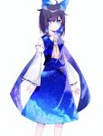  1girl alternate_color ascot blue_bow blue_eyes blue_skirt bow brown_hair cloud_print commentary_request detached_sleeves hair_bow hair_tubes hakurei_reimu long_hair looking_at_viewer mochi_mugi print_skirt ribbon-trimmed_sleeves ribbon_trim skirt skirt_set solo starry_sky_print touhou yellow_ascot 